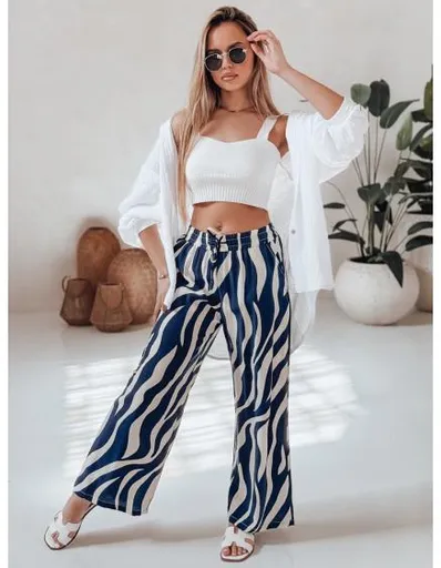 Dámské pruhované kalhoty se širokými nohavicemi ZEBRAVIBE námořnicky modrobéžové