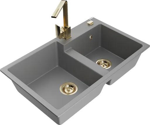 MEXEN/S Tomas granitový dřez 2-bowl včetně baterie Rita, šedá 6516-71-670300-50