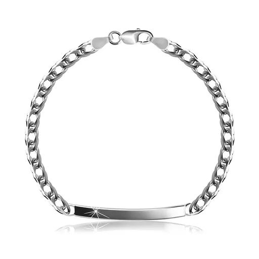 Stříbrný 925 náramek - lesklá tenká destička, řetízek z oválných zkosených oček