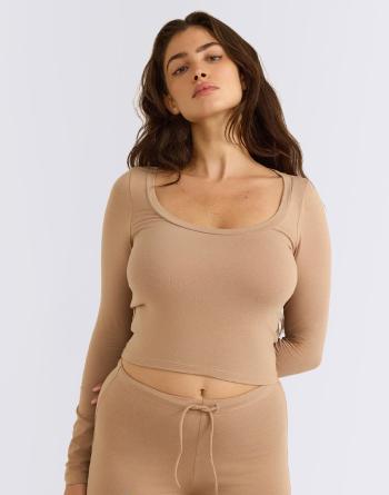 Tričko Organic Basics Everyday Scoop Neck Long Sleeve Tee Hazelnut