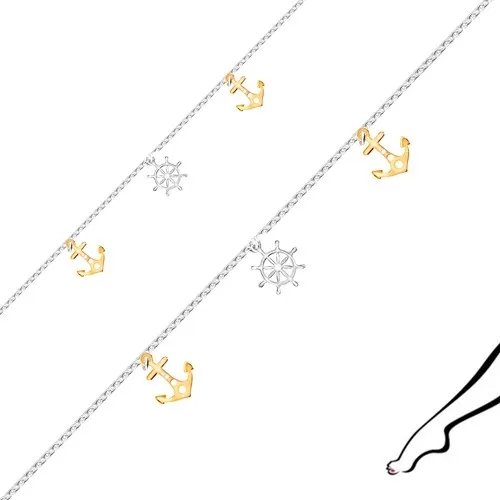 Stříbrný náramek na nohu 925 - lodní kormidlo, kotvy, oválná očka