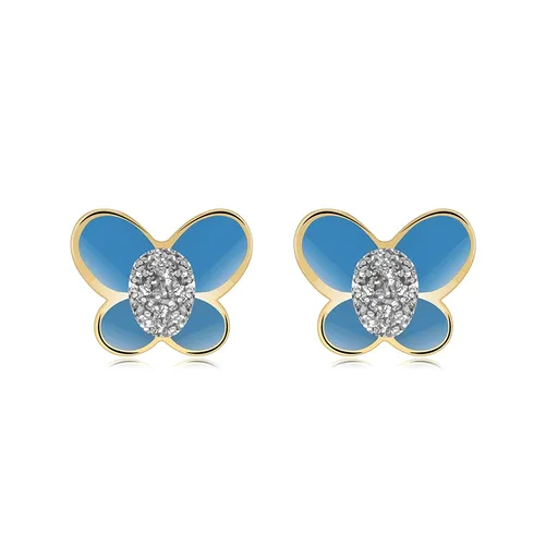 Zlaté 14K náušnice s motýlem s modrou glazurou a třpytivým středem