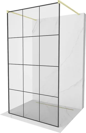 MEXEN/S Kioto samostatně stojící sprchová zástěna 100 x 200, černý vzor 8 mm, zlatá kartáčovaná 800-100-002-55-77