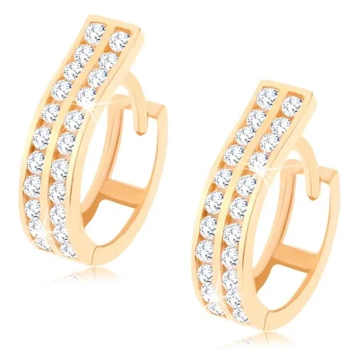 Kruhové náušnice ve žlutém 14K zlatě - dva pásy vykládané zirkony čiré barvy