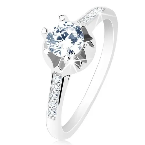 Zásnubní prsten - stříbro 925, úzká zdobená ramena, čirý zirkon, zdobený kotlík - Velikost: 48