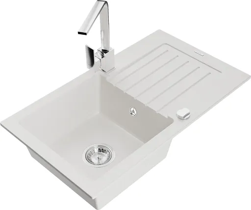 MEXEN/S Pablo granitový dřez 1-miska s odkapávačem včetně baterie Rita, bílá 6510-20-670300-00