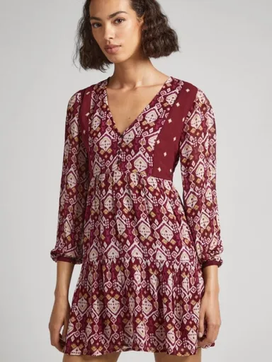 Pepe Jeans dámské vínové vzorované šaty PL9533580AA XS