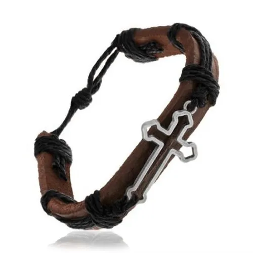 Kožený náramek tmavohnědé barvy, obrys jetelového kříže, šňůrky