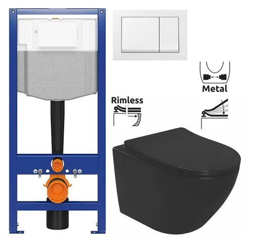 CERSANIT předstěnový instalační systém s bílym tlačítkem K97-516 + WC REA CARLO MINI RIMLESS ČERNÝ MAT + SEDÁTKO K97-526 516 MM1