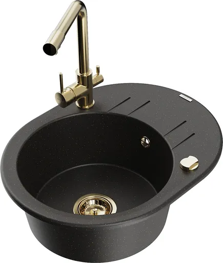 MEXEN/S Kevin granitový dřez s odkapávačem včetně baterie Duero, černá/zlatá metalik 6517-75-671600-50