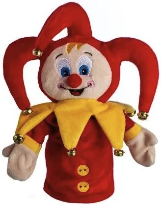 Kašpárek maňásek na ruku plyšový s rolničkami 28 cm