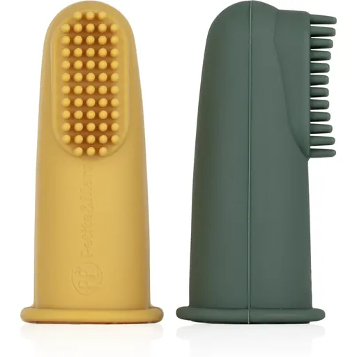 Petite&Mars Take&Match 0m+ dětský zubní kartáček na prst s pouzdrem Ochre&Green 2 ks