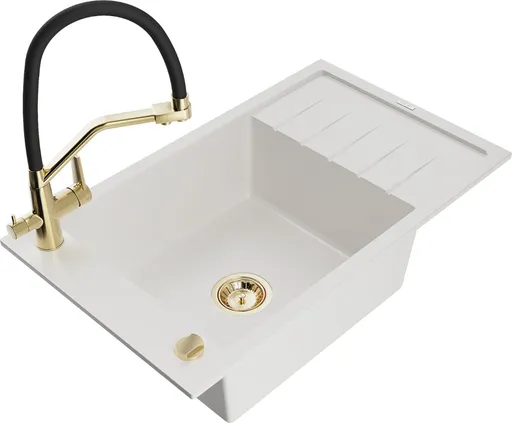 MEXEN/S Elias granitový dřez s odkapávačem včetně baterie Duo, bílá 6511-20-671701-57-G