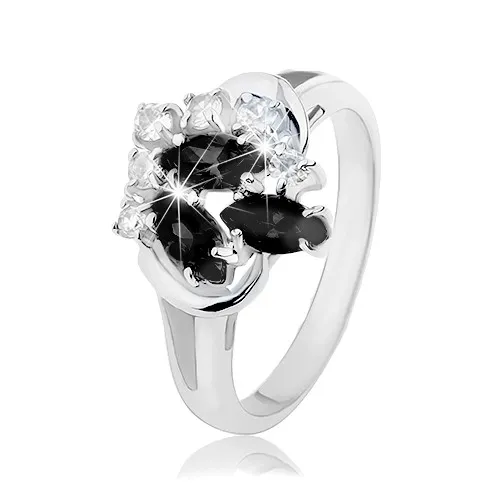 Prsten stříbrné barvy, rozdvojená ramena, černá zrnka, čiré kulaté zirkony - Velikost: 52