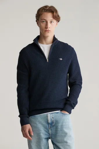 SVETR GANT TEXTURED COTTON HALF ZIP EVENING BLUE