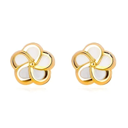 Náušnice ve 14K žlutém zlatě - květ s pěti lupínky a přírodní perletí