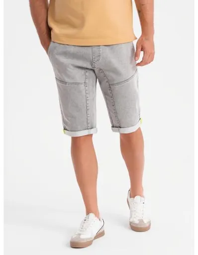 Pánské džínové kraťasy s ozdobným prošitím - světle šedé V1 OM-SRDS-0135