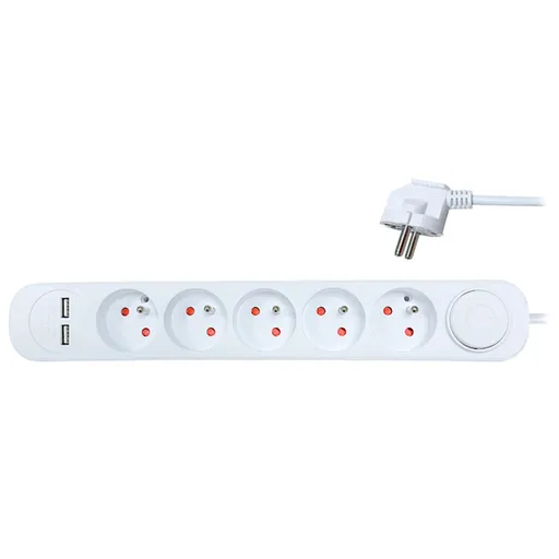 Solight prodlužovací přívod 5 zásuvek, USB A+A nabíječka 12W, 3m, 3 x 1mm2, bílý, vypínač PP152USB