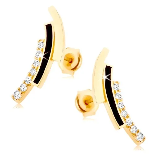 Náušnice ve žlutém 14K zlatě - zirkonový, černý a hladký oblouk, puzetky