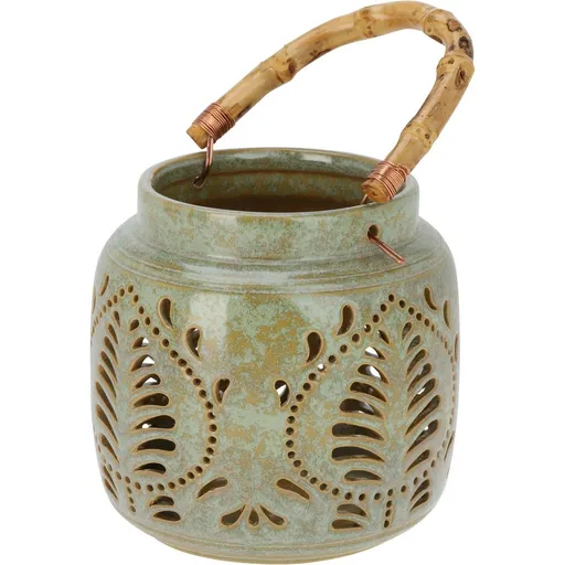 Lucerna porcelánová s bambusovým madlem 14,5 x 14 cm, zelená