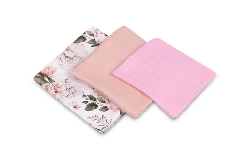 SENSILLO Mušelínové pleny 3 ks – sada různých velikostí - Květy růžové