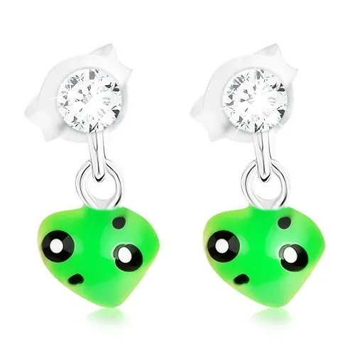 Puzetové náušnice s asymetrickým zeleným srdíčkem, stříbro 925
