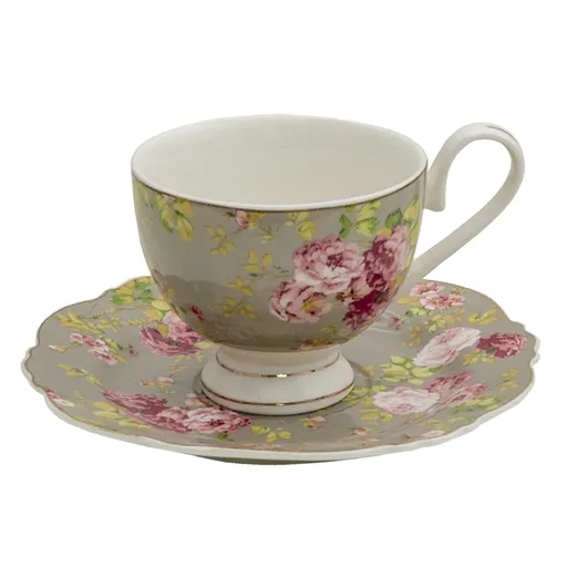 Porcelánový šálek s podšálkem Flowers - Ø 15*2 / 12*8*7 cm / 200 ml 6CE1294