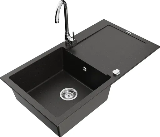 MEXEN/S Leo granitový dřez s odkapávačem včetně baterie Telma, černá/zlatá metalik 6501-75-670200-00