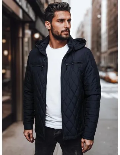 Pánská prošívaná bunda s kapucí, tmavě modrá