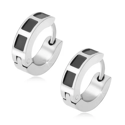 Kruhové ocelové náušnice se třemi černými čtverci