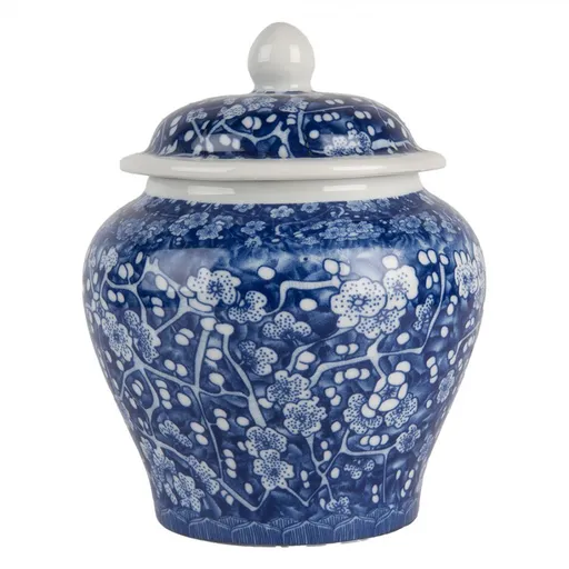 Modrá keramická váza s víčkem a květy Retro & Vintage - Ø 9*12 cm Clayre & Eef