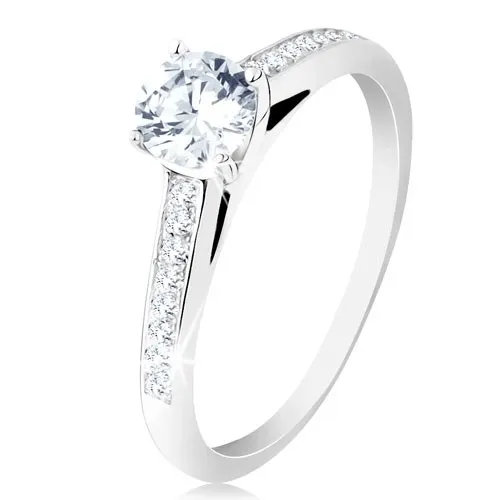 Stříbrný prsten 925, zásnubní, čirá zirkonová ramena, kulatý zirkon v kotlíku - Velikost: 51