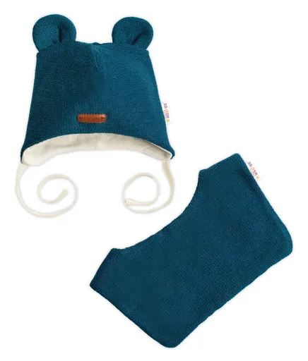 Baby Nellys Pletená čepice s šátkem 2v1, Teddy Hand made - petrolejová, 68/74