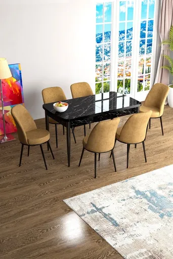 Extendable Dining Table & Chairs Set (7 Pieces) Han - Black Marble, Cappuccino