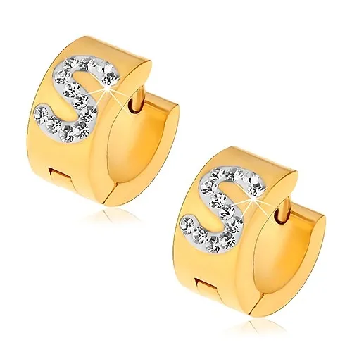 Náušnice z oceli 316L zlaté barvy, bílé písmeno S zdobené čirými zirkonky
