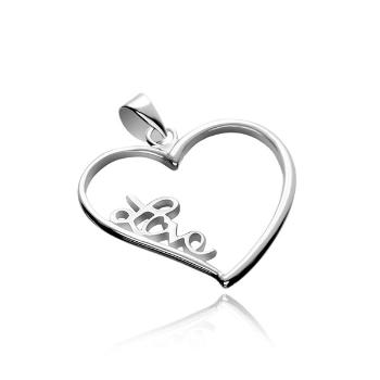 Strieborný prívesok 925 - veľké obrysové srdce s nápisom Love