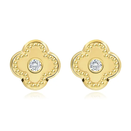 Zlaté 14K náušnice čtyřlístek s kubickými zirkony a vroubkovaným okrajem