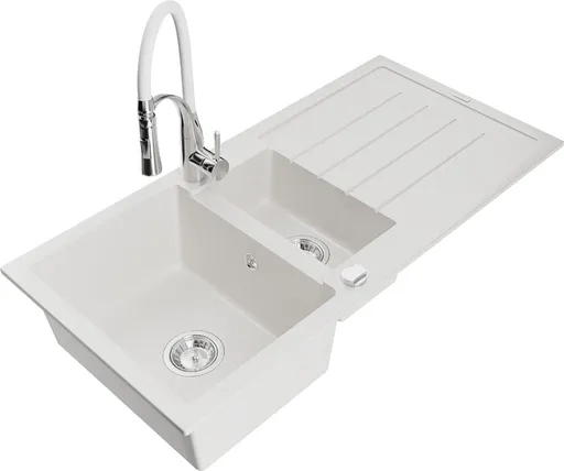 MEXEN/S Andres granitový dřez s odkapávačem včetně baterie Aster, bílá 6515-20-73450-02