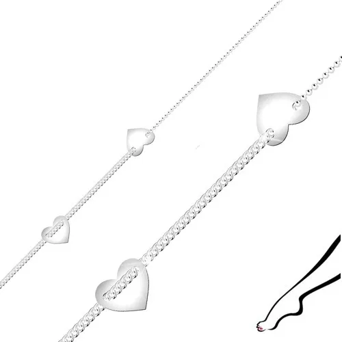 Náramek na nohu ze stříbra 925 - srdíčka, řetízek z plochých oček, kuličkový řetízek