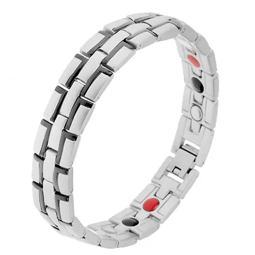 Ocelový náramek s magnety, stříbrná barva, černé linie "L"