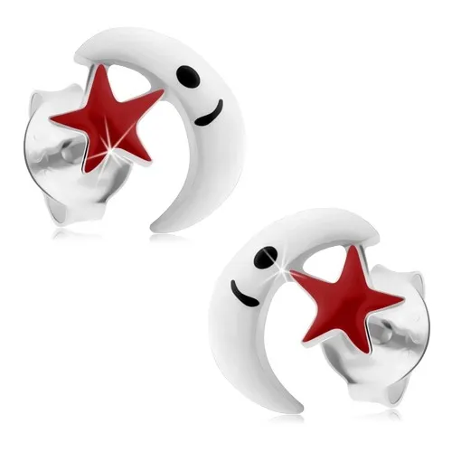 Stříbrné 925 náušnice, měsíček s hvězdičkou, puzetky, barevná glazura