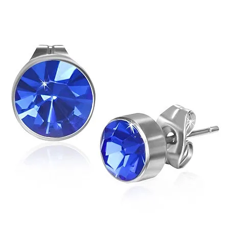Kulaté puzetové náušnice z oceli - tmavomodrý zirkon