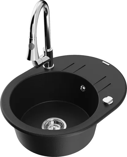 MEXEN/S Kevin granitový dřez 1-miska s odkapávačem včetně baterie Elia, černá 6517-77-670101-00