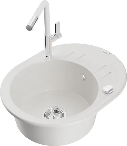 MEXEN/S Kevin granitový dřez 1-miska s odkapávačem včetně baterie Flora, bílá 6517-20-670401-02