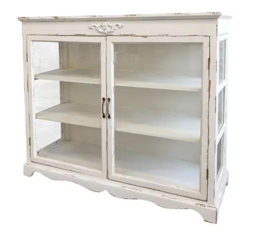 Krémová dřevěná komoda s prosklenými dvířky Old Carin - 106*39*87cm Chic Antique