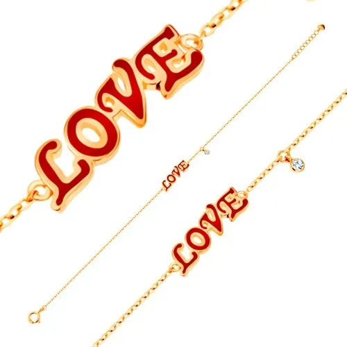 Náramek ve žlutém 14K zlatě, přívěsky - červený glazovaný nápis LOVE, zirkon