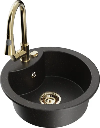 MEXEN/S Diego granitový dřez 1-miska včetně baterie Elia, černá/zlatá metalik 6512-75-670101-50