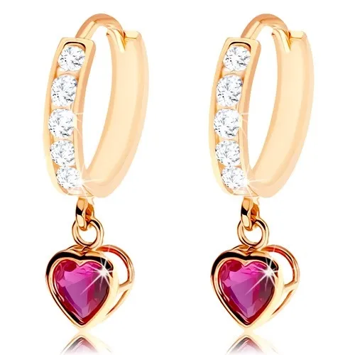 Kloubové náušnice ze zlata 585 - kruh zdobený čirými zirkony, rubínové srdíčko