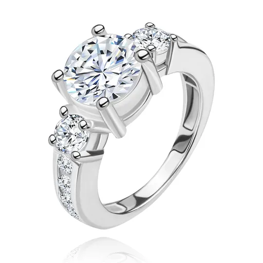 Stříbrný prsten 925, vystupující zirkon čiré barvy, zdobená ramena - Velikost: 54