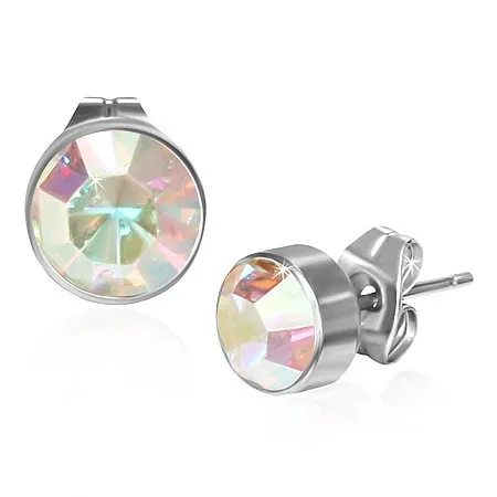 Ocelové náušnice - kulaté, duhové zirkony